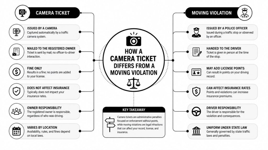 A comparison infographic explaining the key differences between automated camera traffic tickets and police issued moving violations.