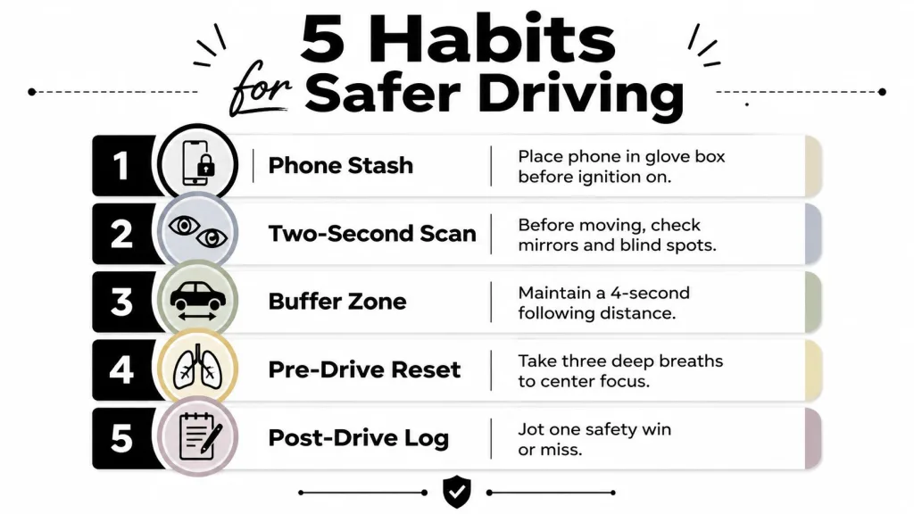 An infographic titled 5 Habits for Safer Driving listing five practical tips for improving road safety.