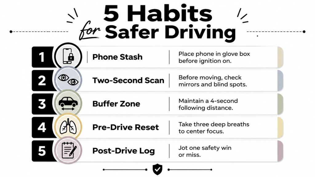 An infographic titled 5 Habits for Safer Driving listing five practical tips for improving road safety.