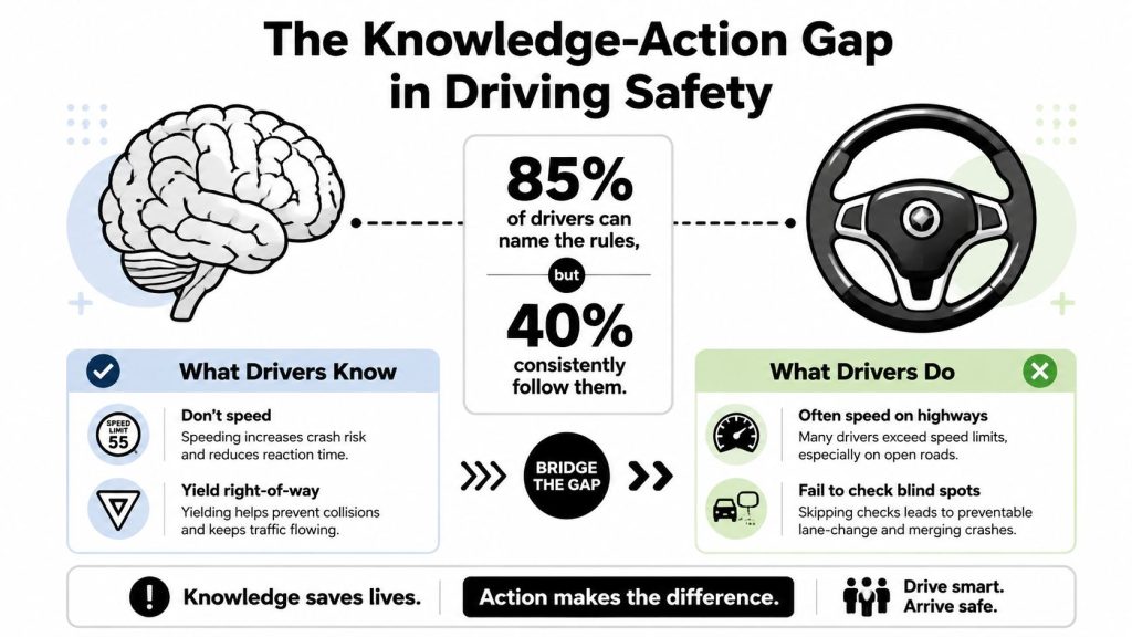 An infographic illustrating the gap between driving knowledge and actual safe behavior with statistics and examples.