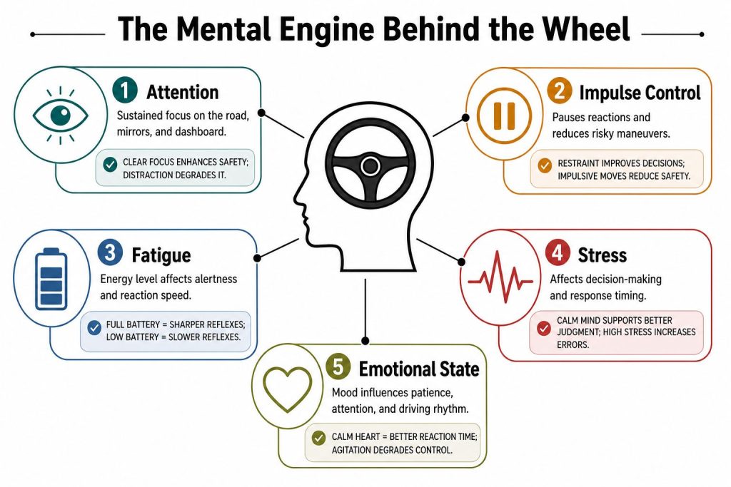 A diagram illustrating the mental factors influencing safe driving, including attention, impulse control, fatigue, stress, and emotions.