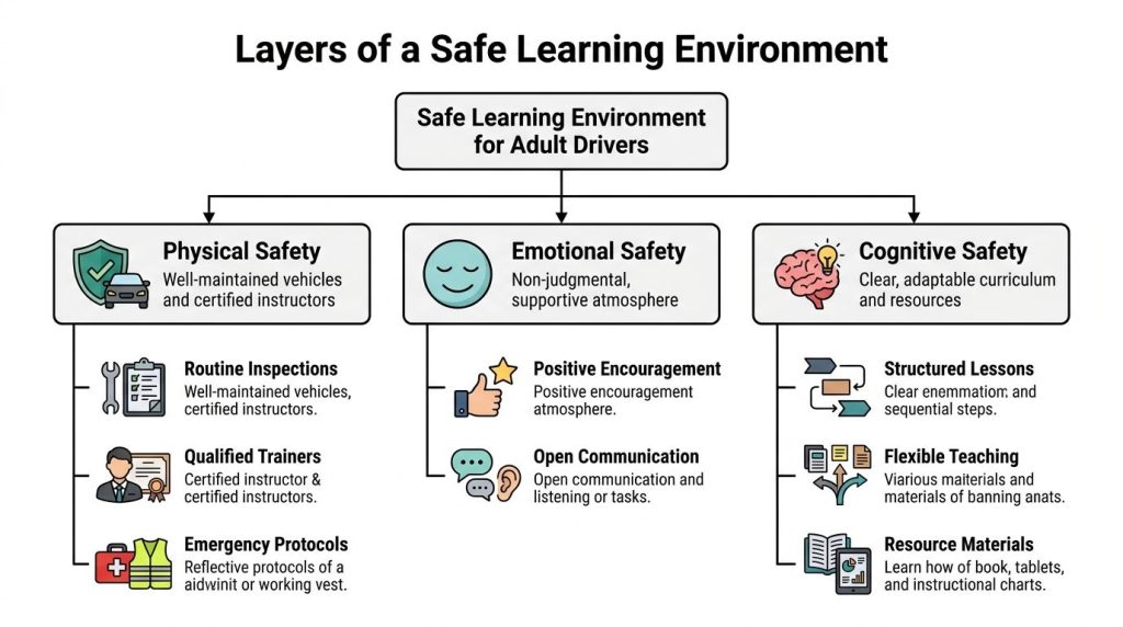A diagram illustrating the three layers of a safe learning environment for adult drivers: physical, emotional, and cognitive.