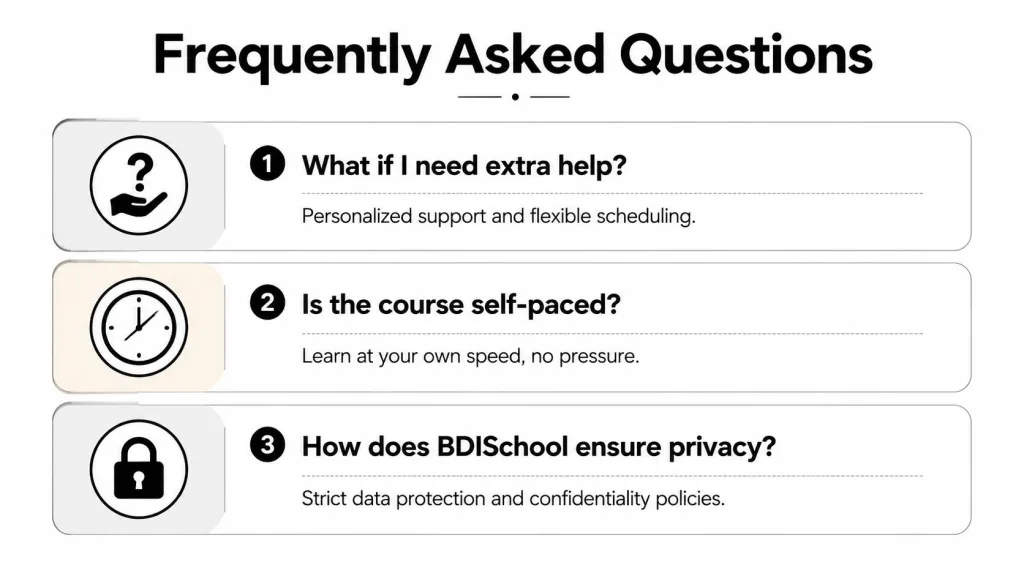 Frequently asked questions section showing support, self-paced learning, and data privacy policies for BDISchool online education.
