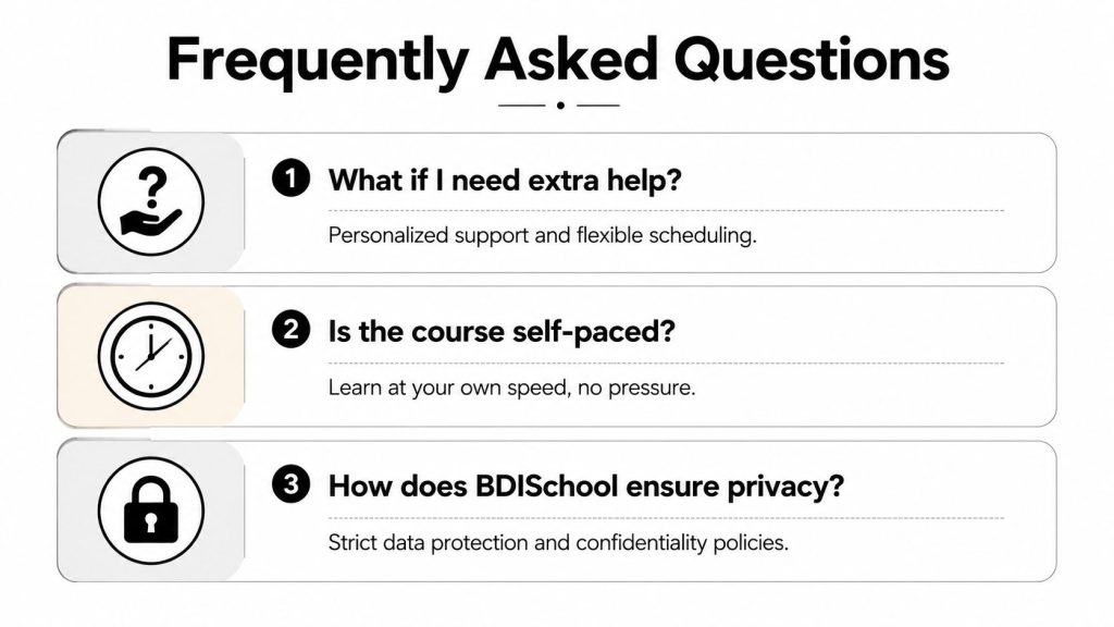 Frequently asked questions section showing support, self-paced learning, and data privacy policies for BDISchool online education.