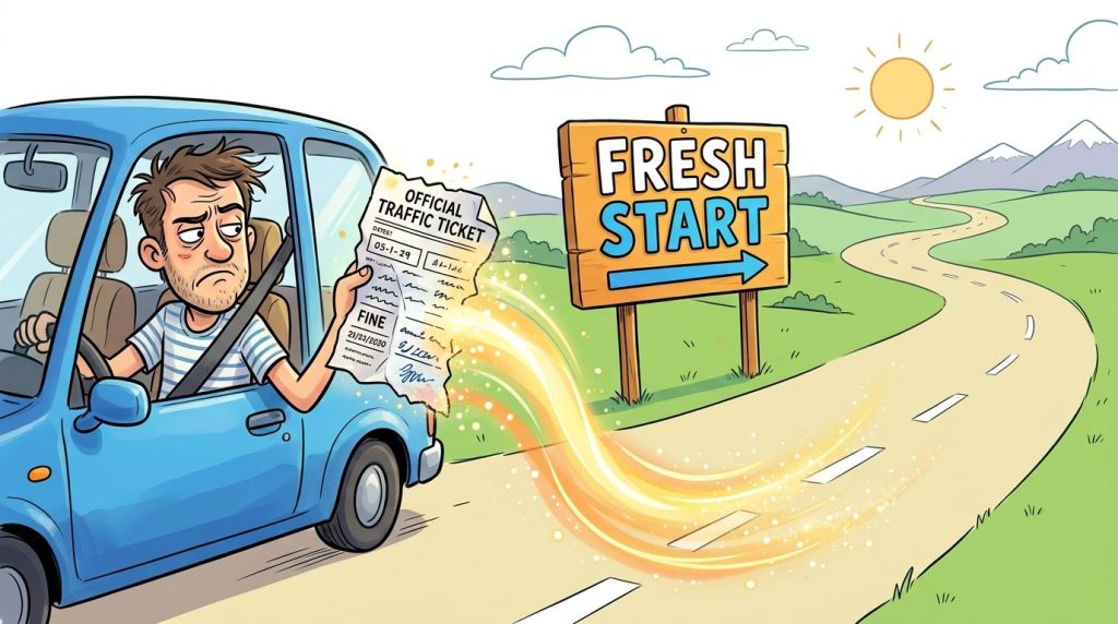 A cartoon driver discarding a traffic ticket, symbolizing a fresh start on an open road ahead.