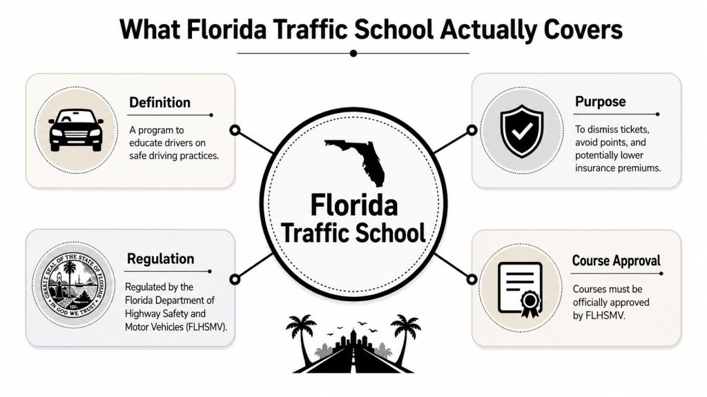 An infographic titled What Florida Traffic School Actually Covers, detailing its definition, regulation, purpose, and course approval.