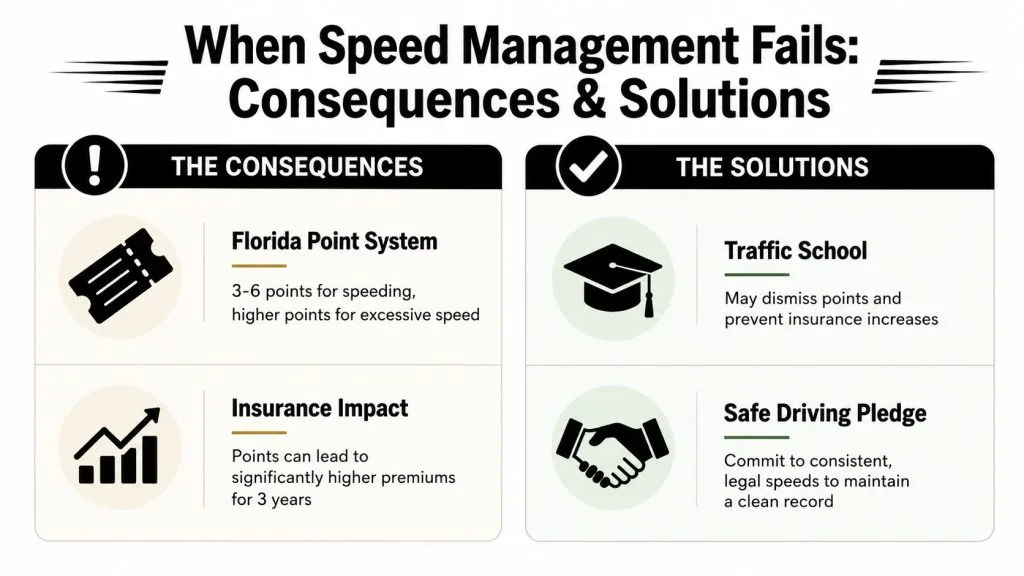 An infographic titled When Speed Management Fails, listing consequences like point penalties and solutions like traffic school.