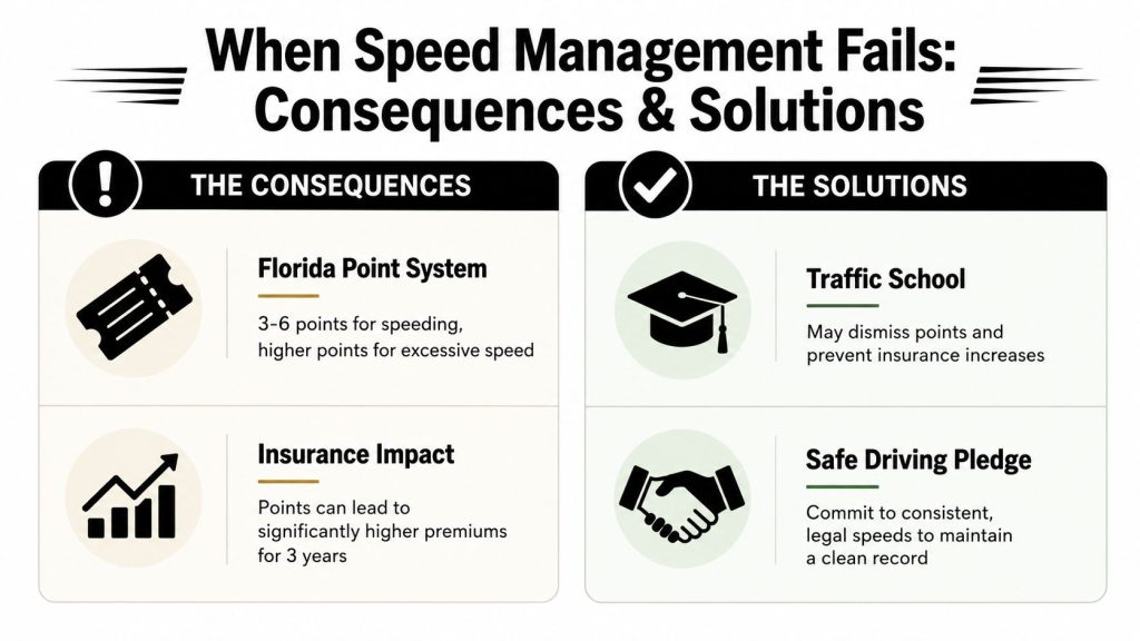 An infographic titled When Speed Management Fails, listing consequences like point penalties and solutions like traffic school.