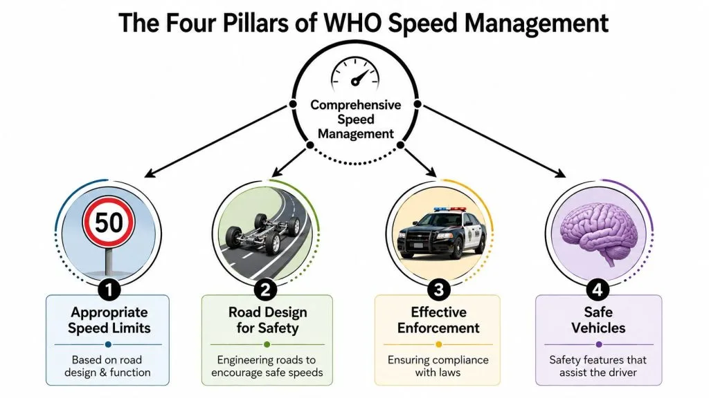 A diagram titled The Four Pillars of WHO Speed Management outlining speed limits, road design, enforcement, and vehicles.