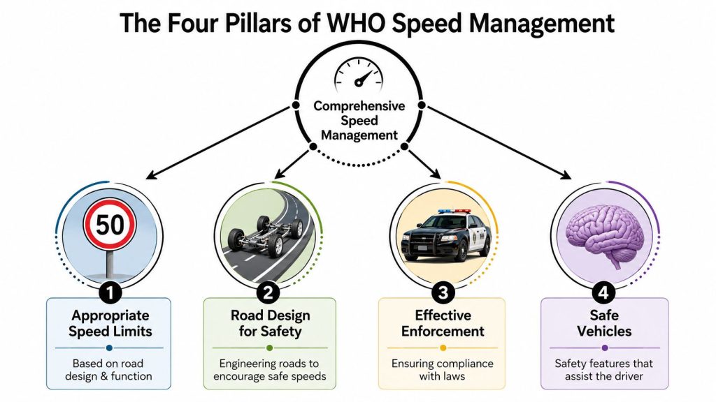 A diagram titled The Four Pillars of WHO Speed Management outlining speed limits, road design, enforcement, and vehicles.