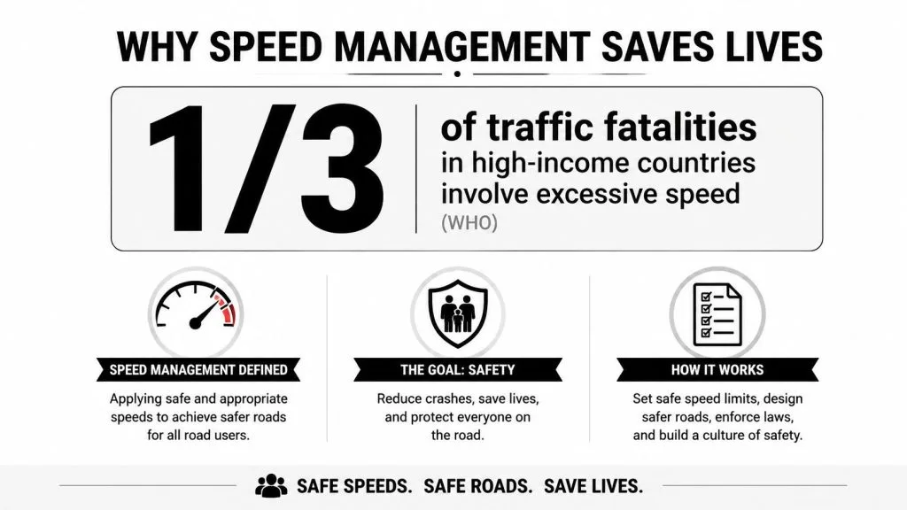 An infographic titled Why Speed Management Saves Lives, highlighting that one-third of traffic fatalities involve excessive speed.