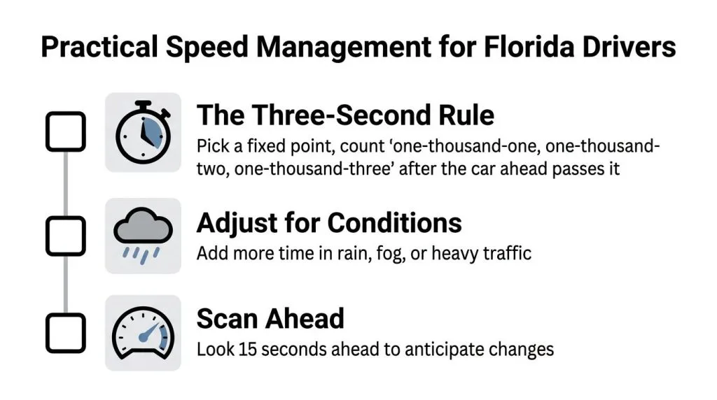 A safety infographic titled Practical Speed Management for Florida Drivers featuring three tips for driving safely.