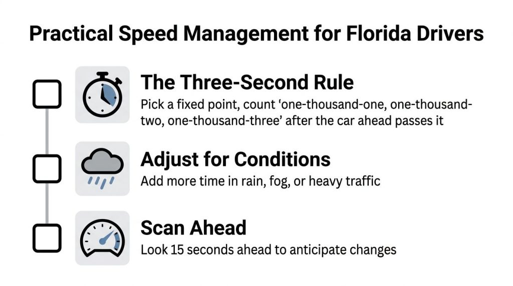 A safety infographic titled Practical Speed Management for Florida Drivers featuring three tips for driving safely.