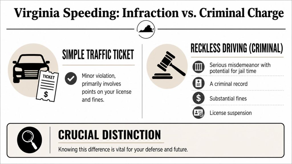 An infographic illustrating the legal difference between a simple traffic ticket and reckless driving in Virginia.