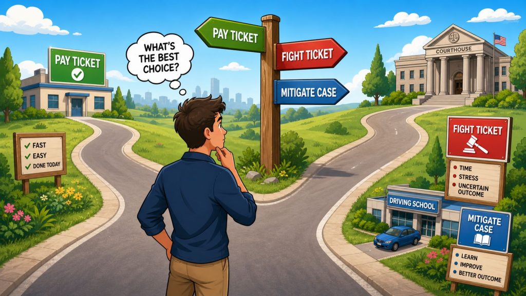 A person stands at a crossroads contemplating whether to pay, fight, or mitigate a traffic ticket.