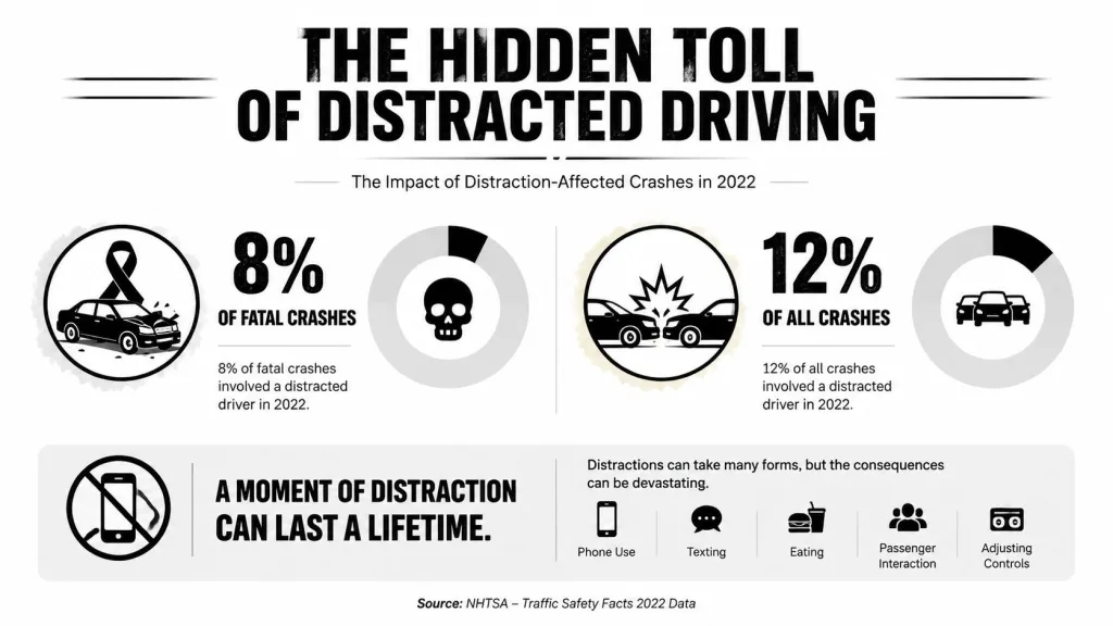 An infographic illustrating the impact of distracted driving on fatal and overall vehicle crashes in 2022.