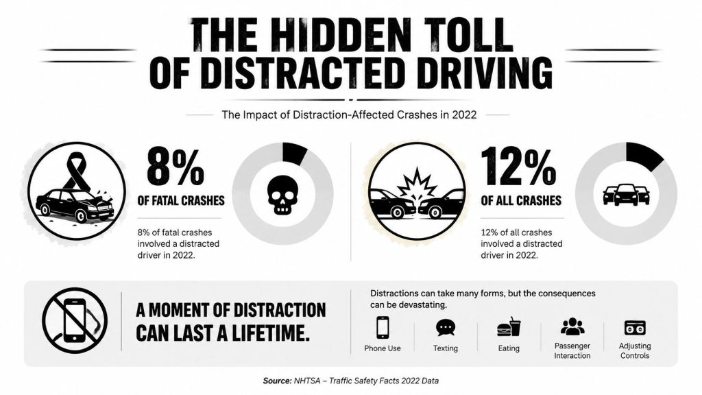 An infographic illustrating the impact of distracted driving on fatal and overall vehicle crashes in 2022.