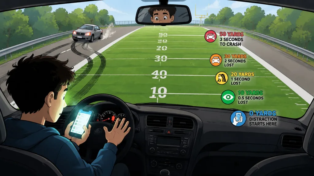An illustration showing the dangers of texting while driving with a visual representation of reaction distance.
