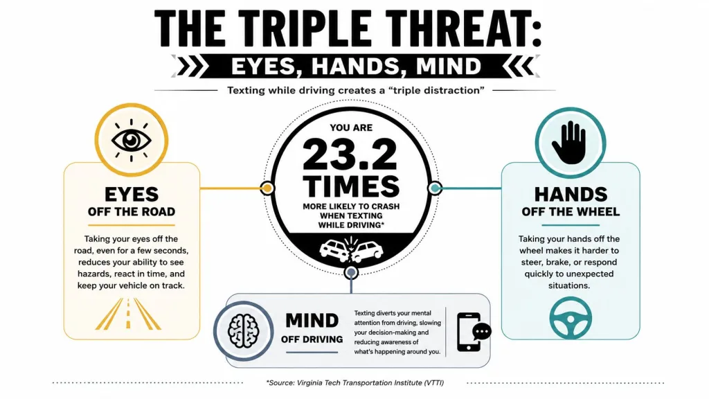 An infographic showing that texting while driving causes eyes, hands, and mind distractions, increasing crash risks by 23.2 times.