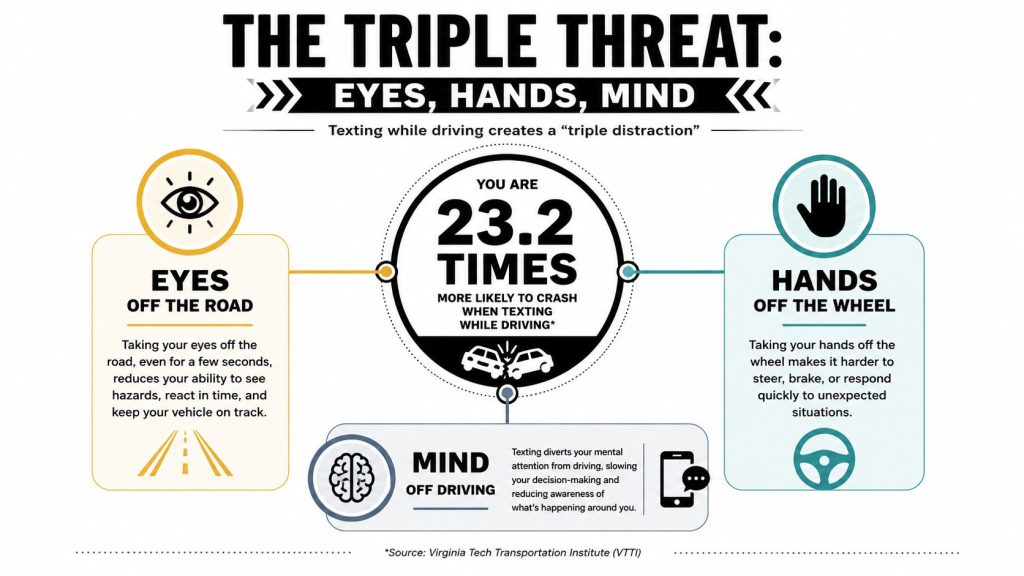 An infographic showing that texting while driving causes eyes, hands, and mind distractions, increasing crash risks by 23.2 times.