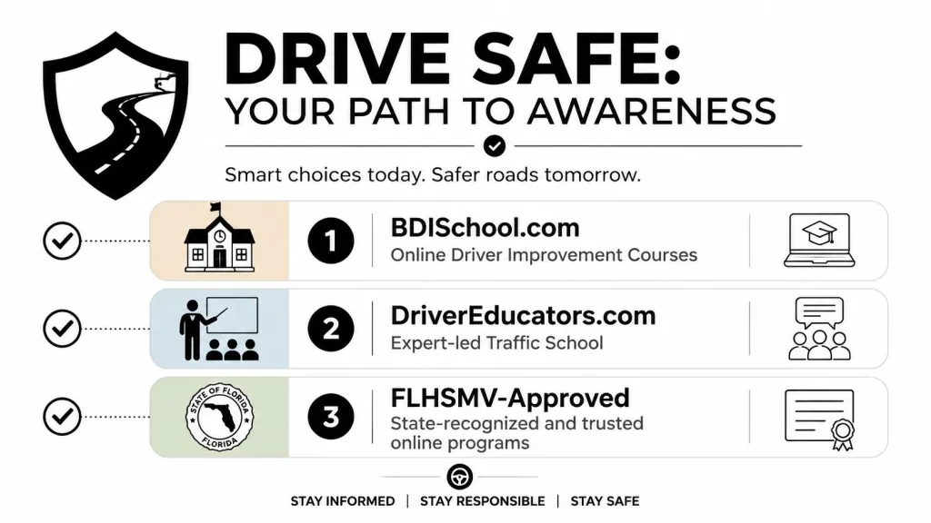 An infographic titled Drive Safe detailing three online traffic school resources for driver improvement courses.