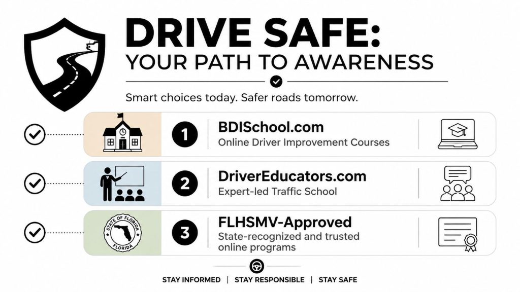 An infographic titled Drive Safe detailing three online traffic school resources for driver improvement courses.