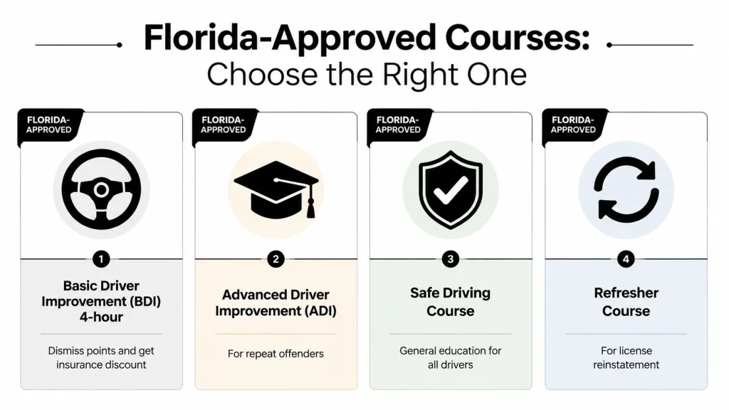 A list of four Florida-approved driving courses for point dismissal, repeat offenders, general education, and license reinstatement.