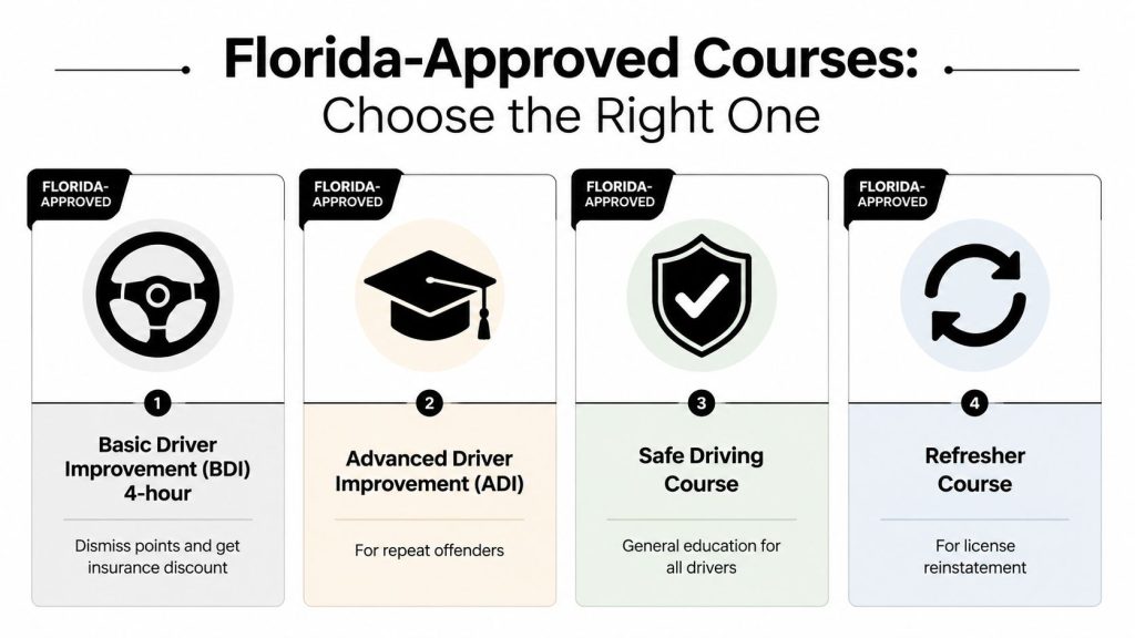 A list of four Florida-approved driving courses for point dismissal, repeat offenders, general education, and license reinstatement.