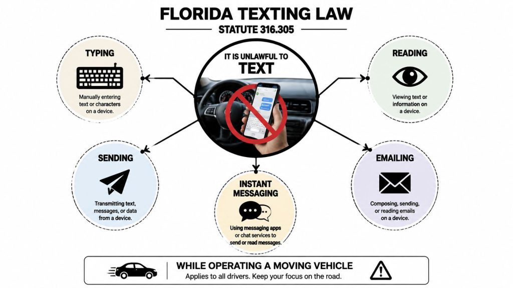 An infographic detailing Florida's texting and driving laws, highlighting prohibited activities while operating a moving vehicle.