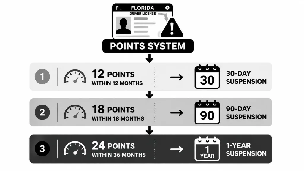 An infographic showing the Florida driver license points system resulting in 30-day, 90-day, or 1-year license suspensions.