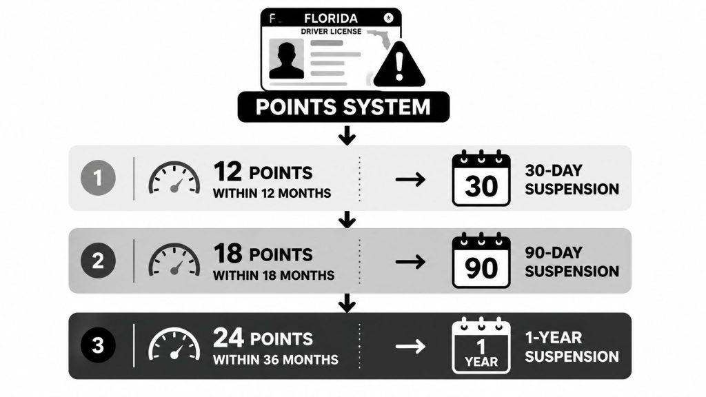 An infographic showing the Florida driver license points system resulting in 30-day, 90-day, or 1-year license suspensions.