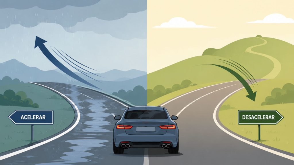 A split-screen illustration comparing a car accelerating on a desert road versus slowing down at city intersections.