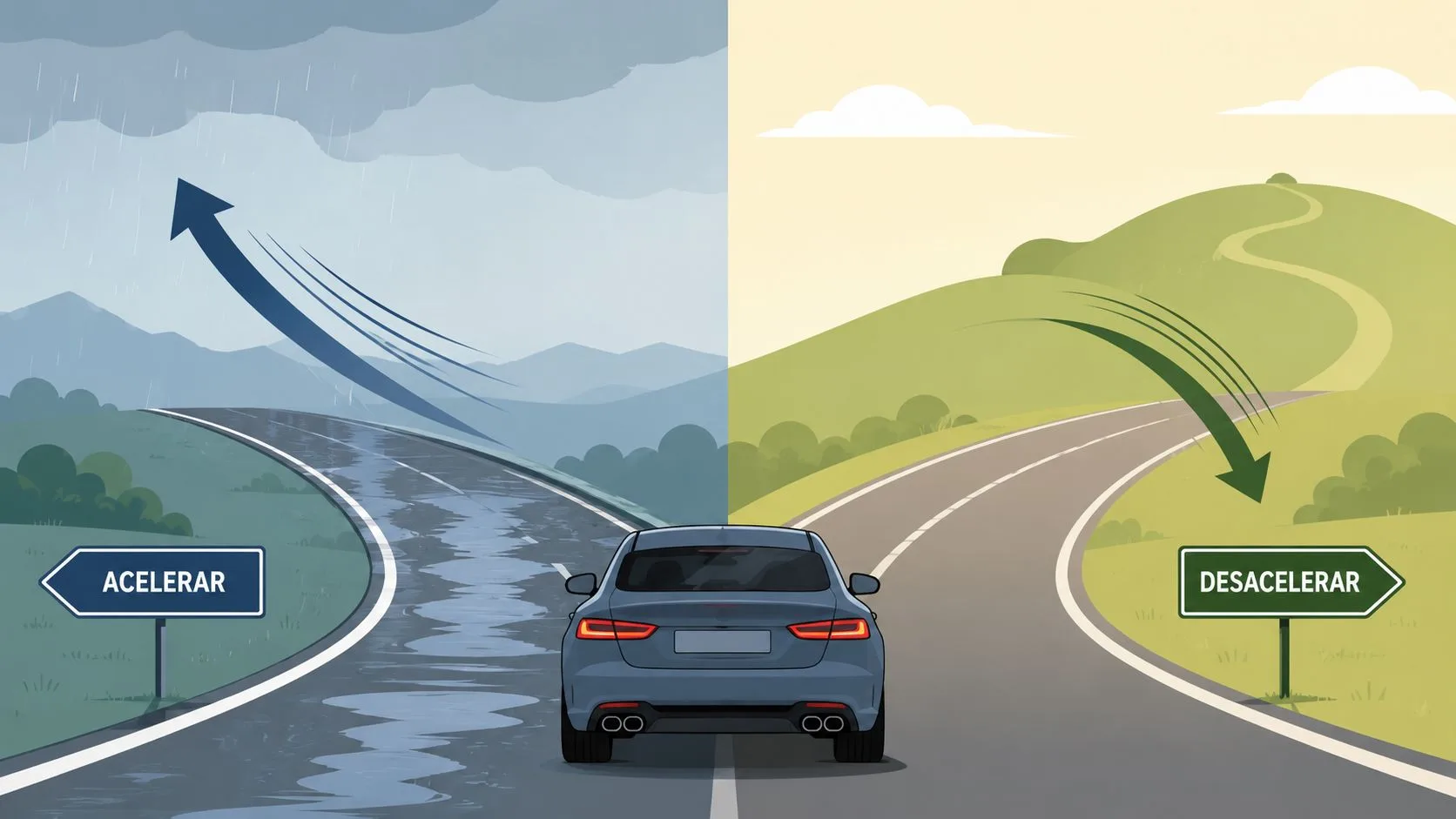 A split-screen illustration comparing a car accelerating on a desert road versus slowing down at city intersections.