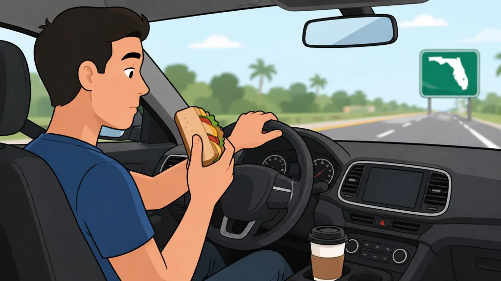 A man driving a car on a highway while observing a broken down vehicle ahead.