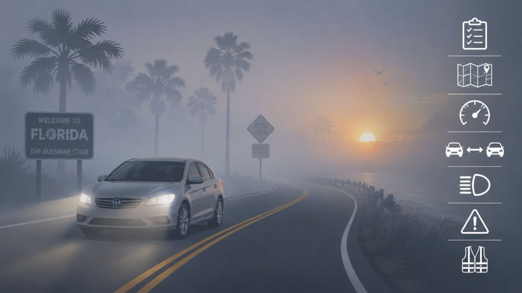 Two cars driving on a road in dense fog with an eight to ten second safety distance warning.