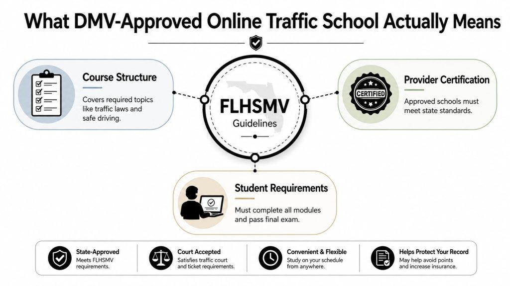 An infographic explaining that DMV-approved online traffic school meets state guidelines, course requirements, and helps protect records.