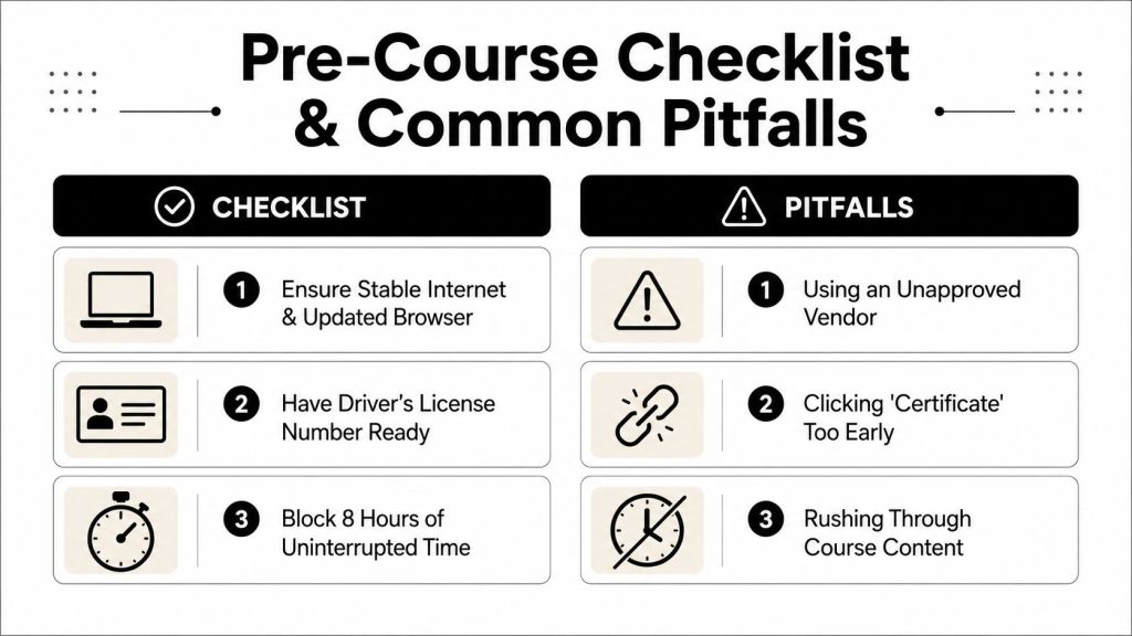 An infographic titled Pre-Course Checklist and Common Pitfalls, listing three preparation steps and three common mistakes.