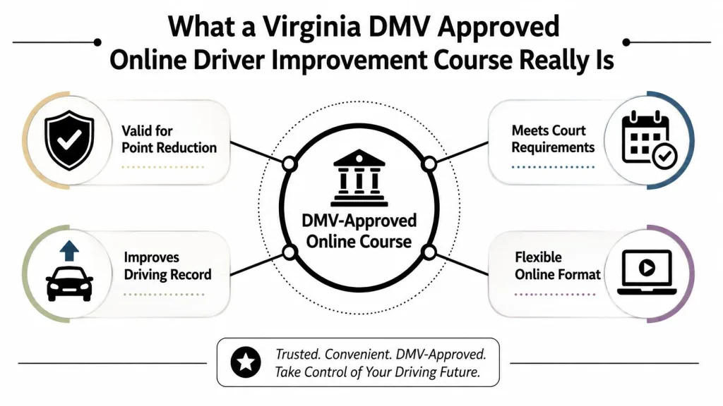 An infographic detailing the benefits of a Virginia DMV approved online driver improvement course.