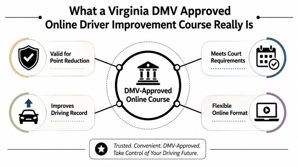 An infographic detailing the benefits of a Virginia DMV approved online driver improvement course.