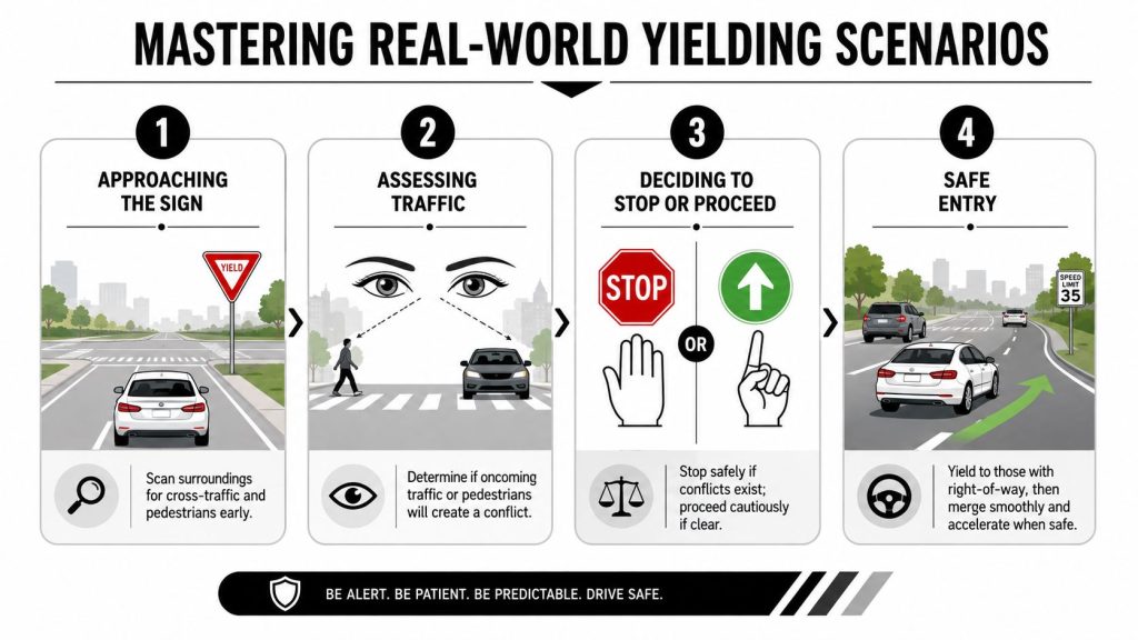 An infographic illustrating four clear steps for safely navigating and yielding at a road intersection.