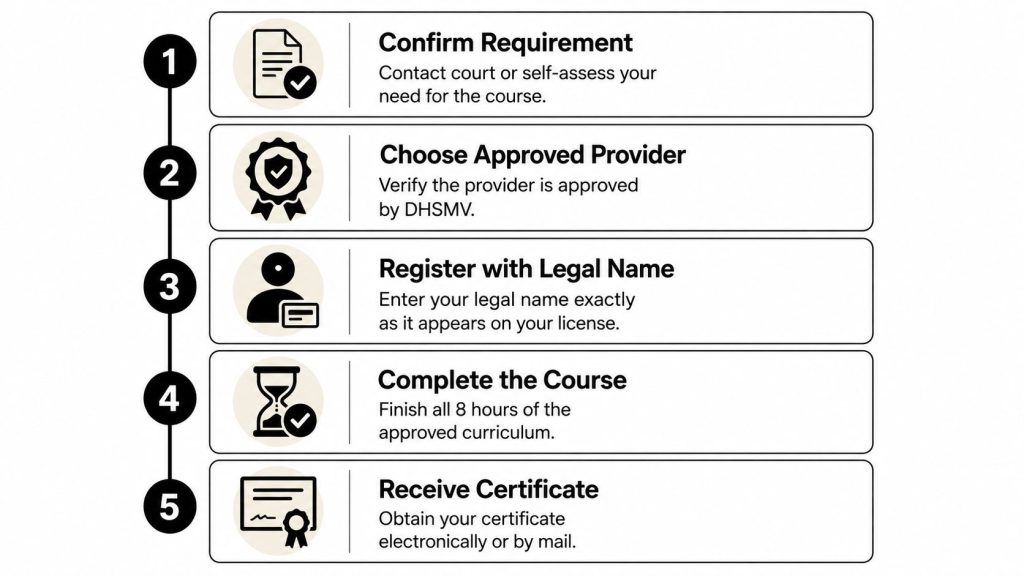 A numbered list showing five steps for completing an 8-hour driving improvement or traffic safety course.