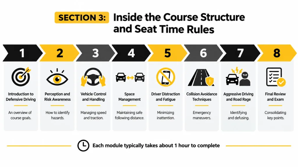 An infographic showing an eight-module structure for a defensive driving course, each module taking one hour.