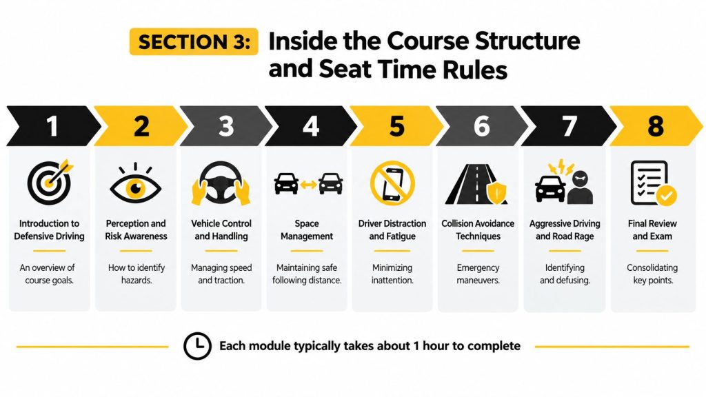 An infographic showing an eight-module structure for a defensive driving course, each module taking one hour.