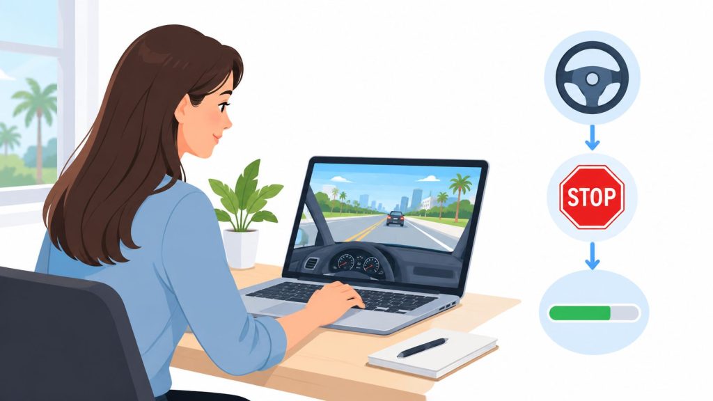 A woman working on a laptop displaying a driving simulation for an online traffic safety course.