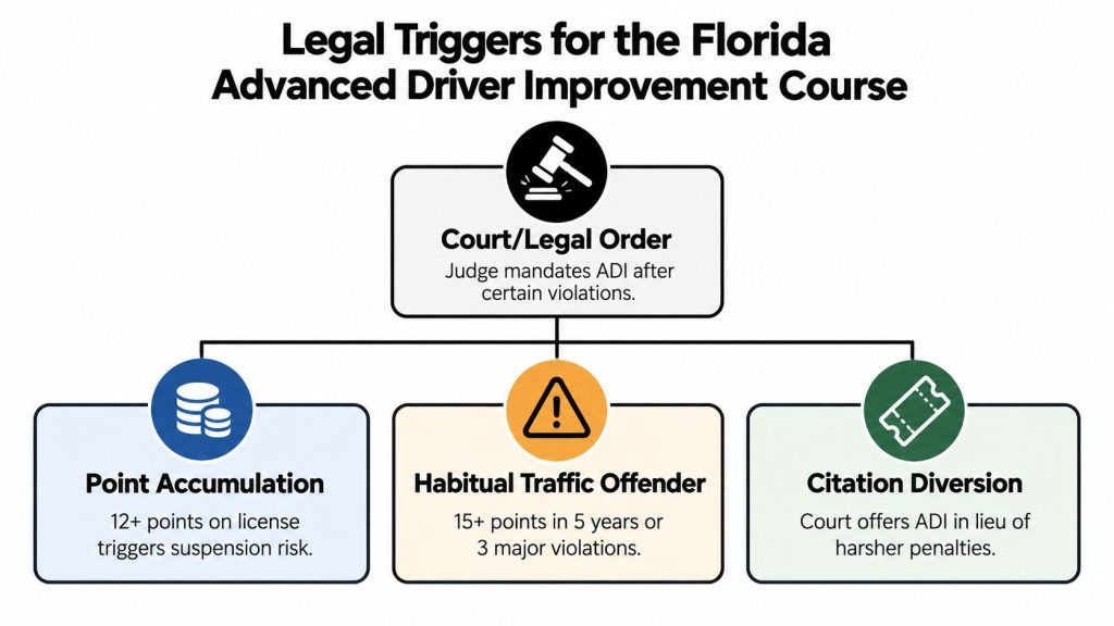 A flowchart infographic displaying the legal triggers for the Florida Advanced Driver Improvement course in English.