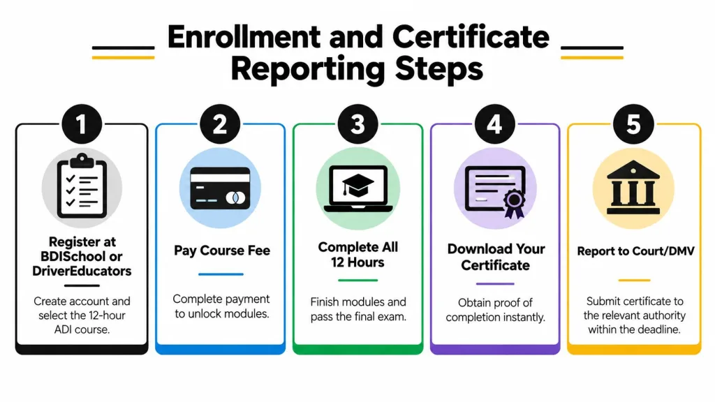A five-step infographic showing how to register for, complete, and report an advanced driver improvement course.