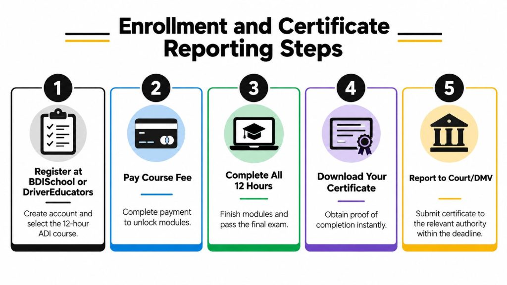A five-step infographic showing how to register for, complete, and report an advanced driver improvement course.