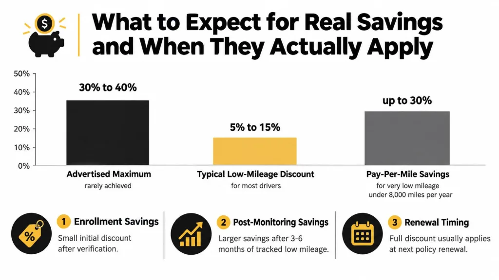 A chart showing car insurance savings estimates, comparing advertised maximums with typical low-mileage and pay-per-mile discounts.