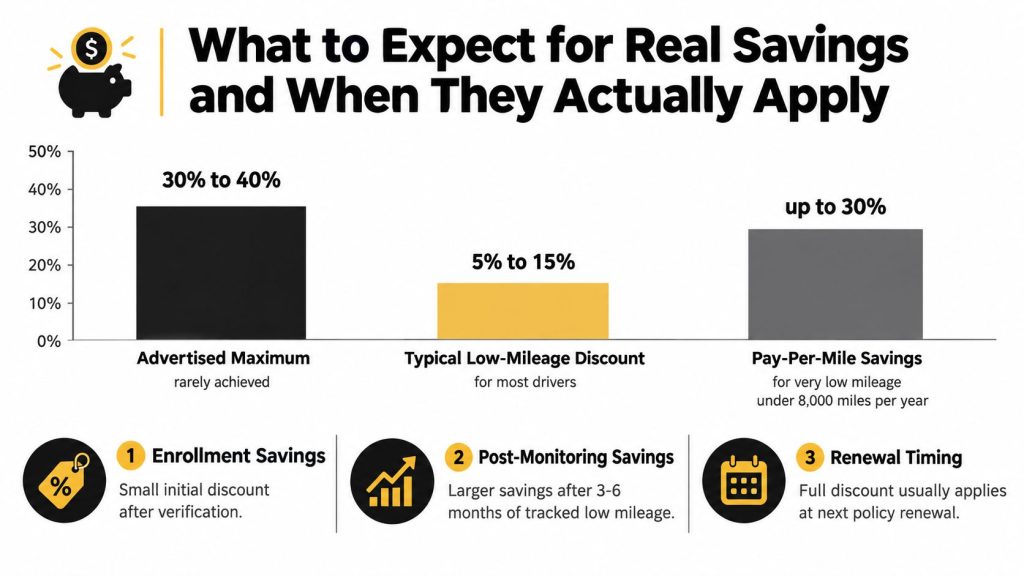 A chart showing car insurance savings estimates, comparing advertised maximums with typical low-mileage and pay-per-mile discounts.