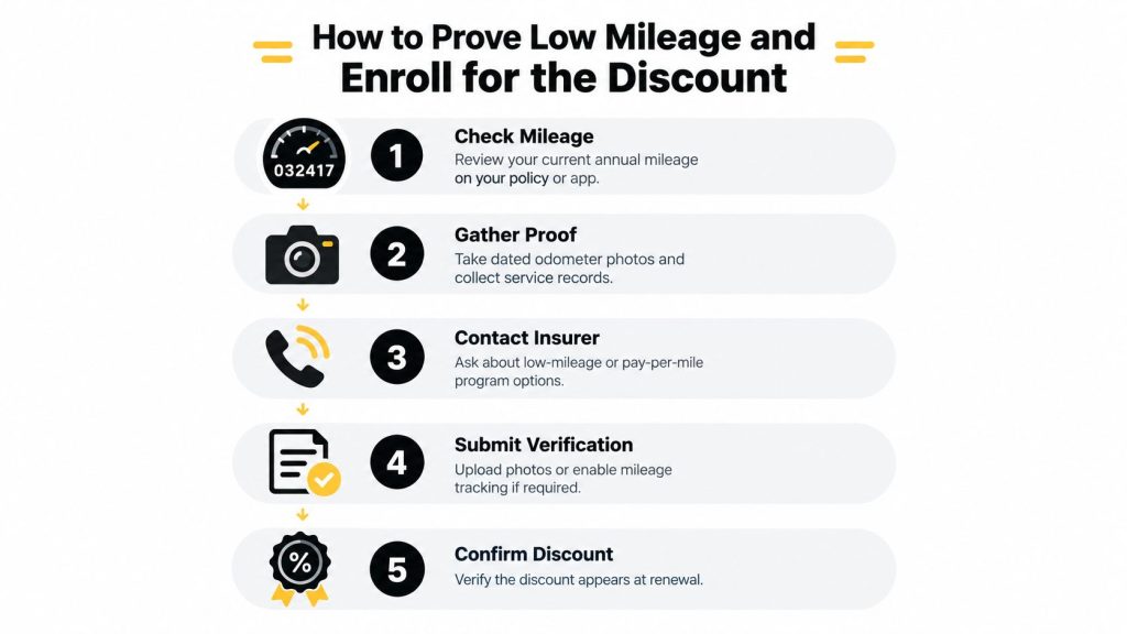 A step-by-step infographic showing how to prove low mileage to qualify for car insurance discounts.